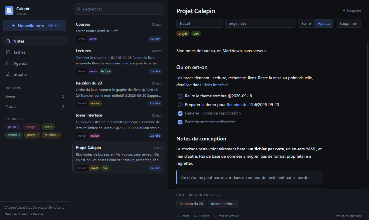 La fenêtre de Calepin : barre latérale, liste des notes, et une note affichée en aperçu avec ses cases à cocher et ses liens.